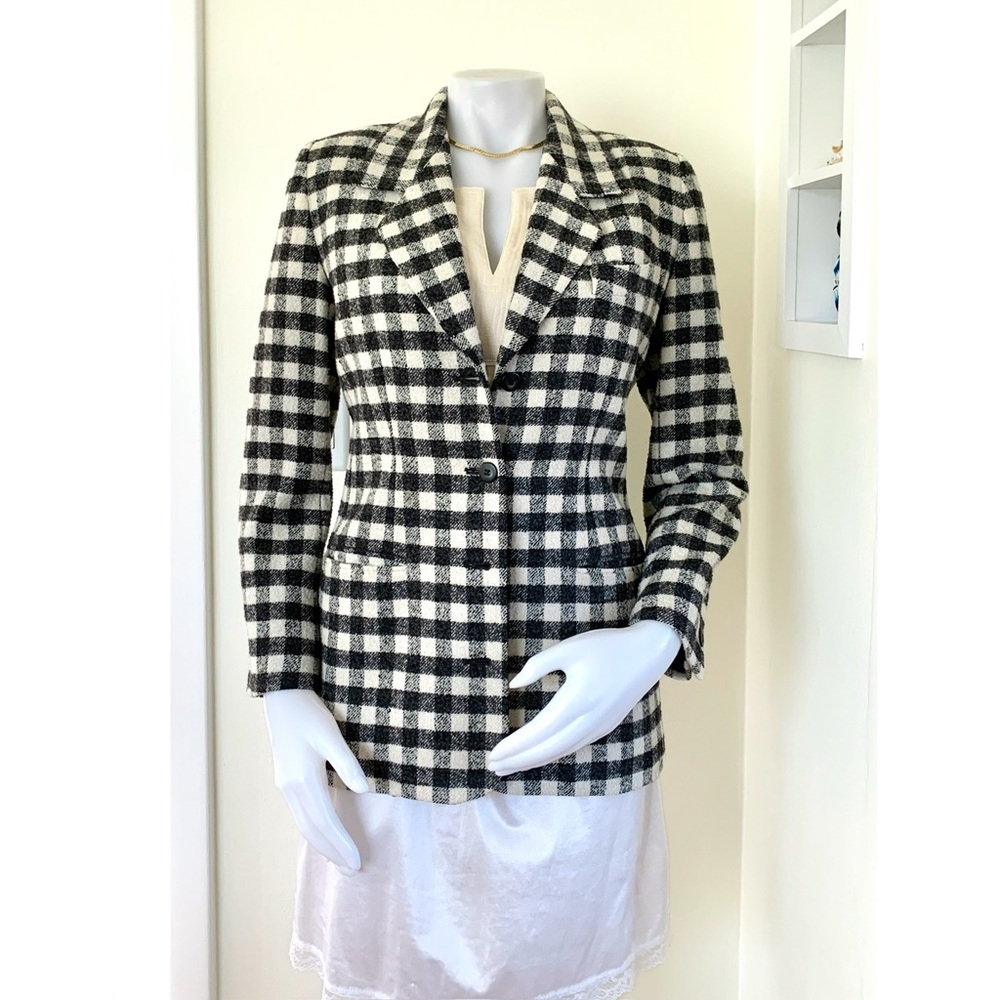 vintage black & cream checkered buffalo plaid wool blend blazer by Dana Buchman